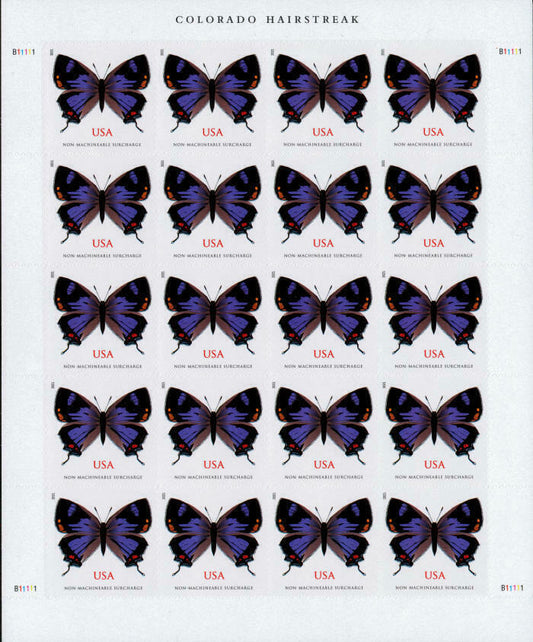Sheet of 20 2021 "Colorado Hairstreak" USA stamps featuring identical purple and black butterflies with orange spots, labeled "NON-MACHINABLE SURCHARGE" below each stamp.