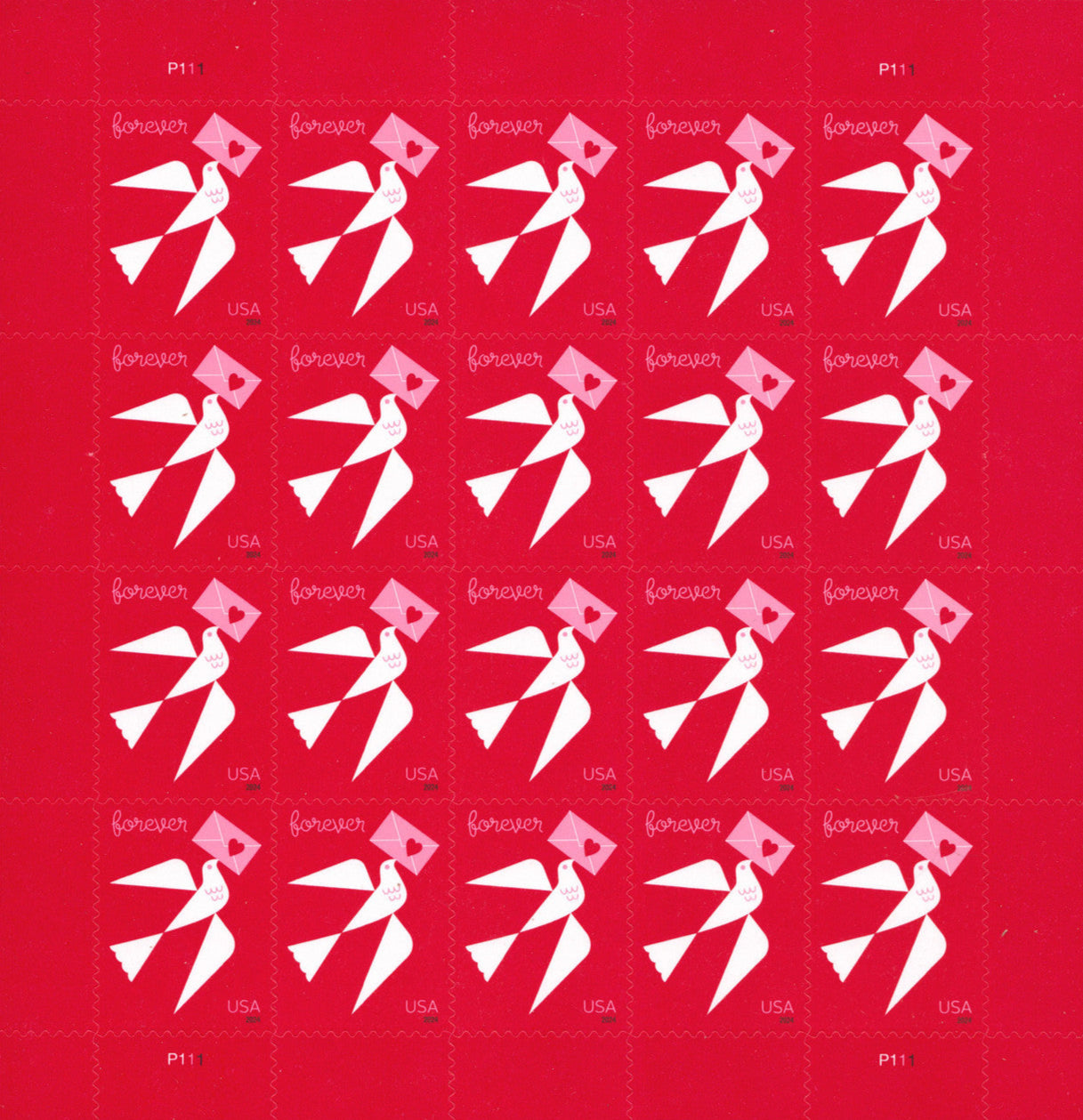 Sheet of 20 US Love series Forever stamps on red background featuring white and pink origami crane designs, arranged in a 4x5 grid with "forever" and "USA" text on each stamp.