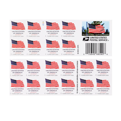 Sheet of 20 U.S. Flag Forever stamps, each featuring the American flag with "UNITED STATES OF AMERICA" and "FOREVER/USA" text. Includes USPS branding, barcode, and "20 First-Class Forever Stamps" label on the right side