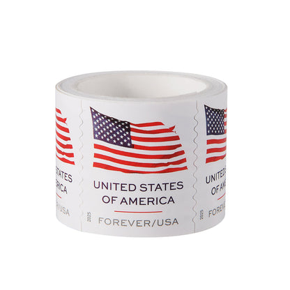 Roll of United States postage stamps featuring the American flag with red, white and blue stripes and stars, labeled "UNITED STATES OF AMERICA" and "FOREVER/USA" with perforated edges between individual stamps.