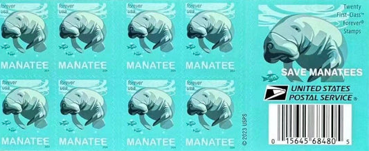Collection of manatee stamps from the United States Postal Service on a light blue background.